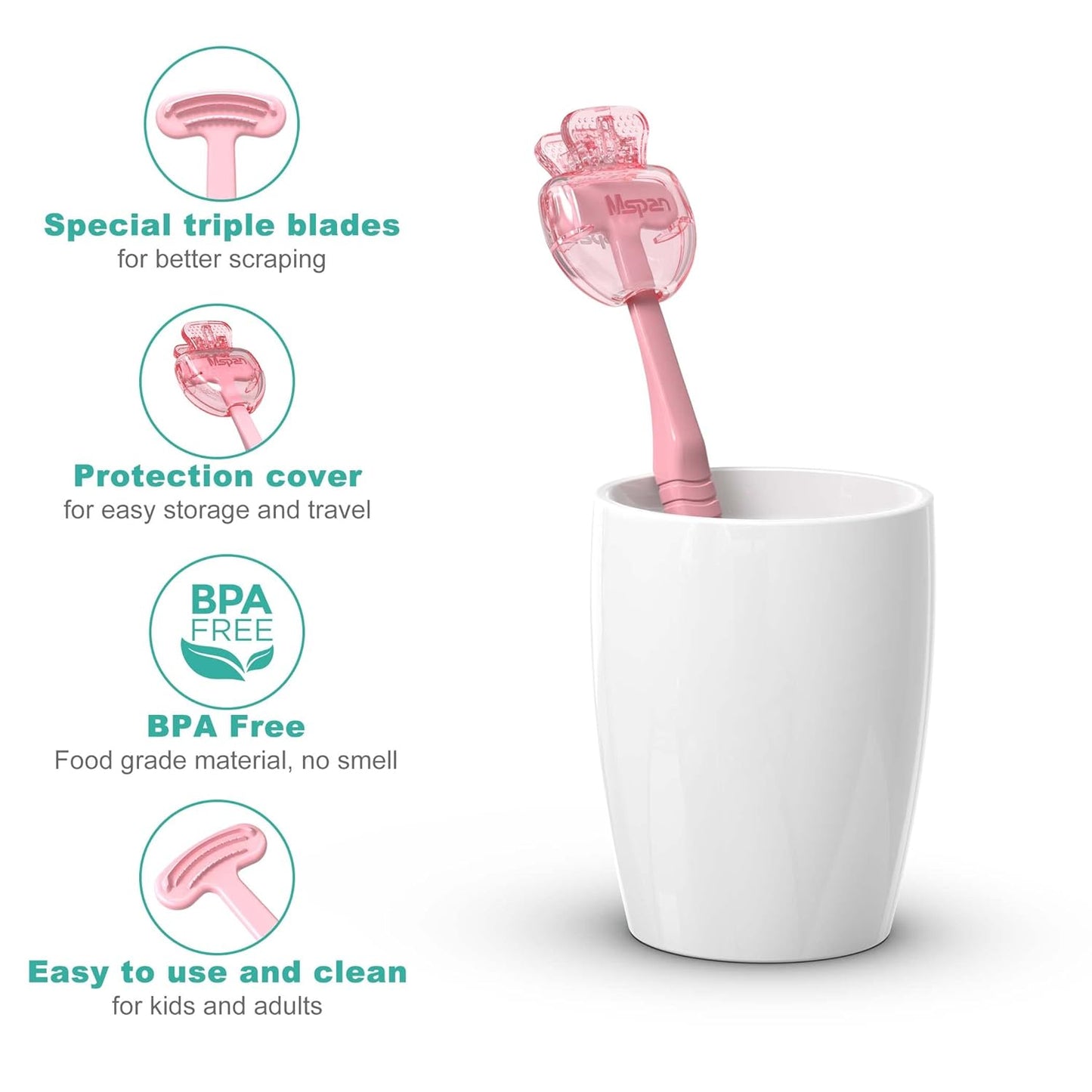 Mspan Tongue Scraper Cleaner Brush: Tongue Care Cleaning Scrubber with Plastic Travel Case Cover for Adults kids - Clean Oral Bad Breath Pink White 2 Pack