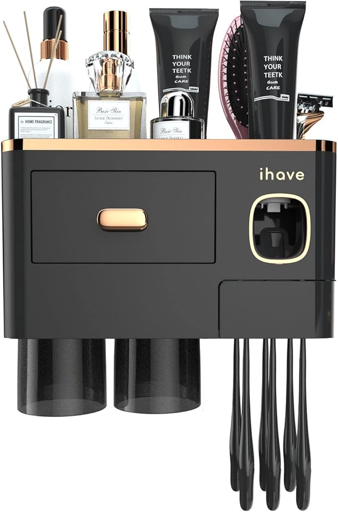 iHave Toothbrush Holders for Bathrooms - Upgrade Wall Mounted Toothbrush Holder with Toothpaste Dispenser - 2 Cups, Large Capacity Tray, Cosmetic Drawer - Bathroom Decor & Bathroom Accessories