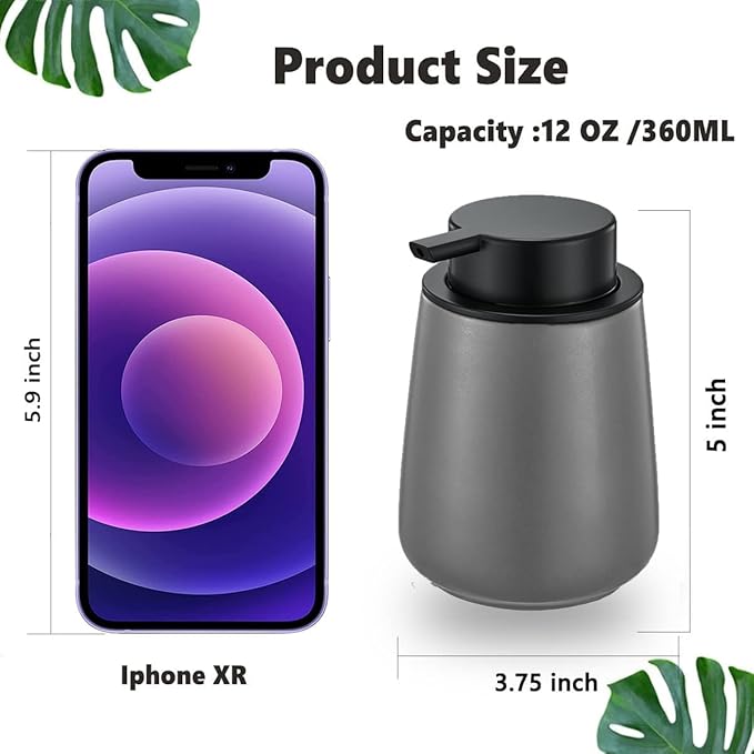 12Oz Grey Foaming Soap Dispenser - Ceramic Foam Hand Soap Dispenser with Easy-to-Press Black Pump, Refillable Bathroom Lotion Soap Dispenser, Dish Soap Dispenser for Kitchen Hand Wash Dispenser