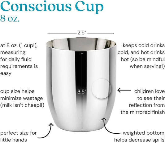 Ahimsa Stainless Steel Kids Cups, Pediatrician Designed, Premium Polished Toddler Cups for Open Cup Training, 8oz, 100% BPA Free & Dishwasher Safe, Classic Silver, Set of 4