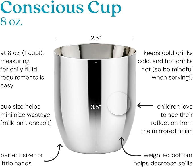 Ahimsa Stainless Steel Kids Cup, Pediatrician Designed, Premium Polished Toddler Cups for Open Cup Training, 8oz, 100% BPA Free & Dishwasher Safe, Single Classic Silver