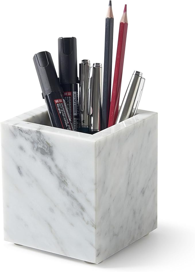 Real Natural Marble Toothbrush Holder & Pen Holder & Makeup Brush Holder, Genuine Stone Rectangular Bathroom Tumbler Cup, Durable Office & Home Countertop Organizer