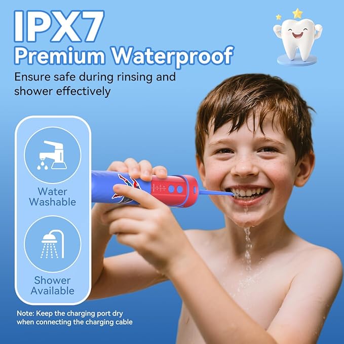 JTF Kids Water Dental Flosser: Rechargeable Portable Oral Irrigator with 4 Flossing Modes 230ml Tank 4 Tips Travel Bag Waterproof Stickers, Cordless Electric Flossers for Teeth Gum Braces Care, Age 6+