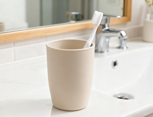 Plastic Toothbrush Holder Cup, No-Slip Base Spill Proof Rinsing Cup for Bathroom Sink Organization, Kids & Adults, Dorm, Travel (Brown)