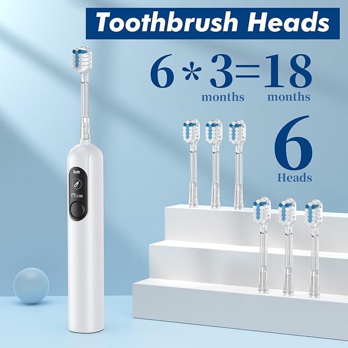 Sonic Electric Toothbrush for Adults with 6 Replacement Brush Heads and 4 Cleaning Modes, Rechargeable Toothbrush, Smart Timer, LCD Display, 4-Hour Fast Charge, IPX7 Waterproof, Travel-Friendly White