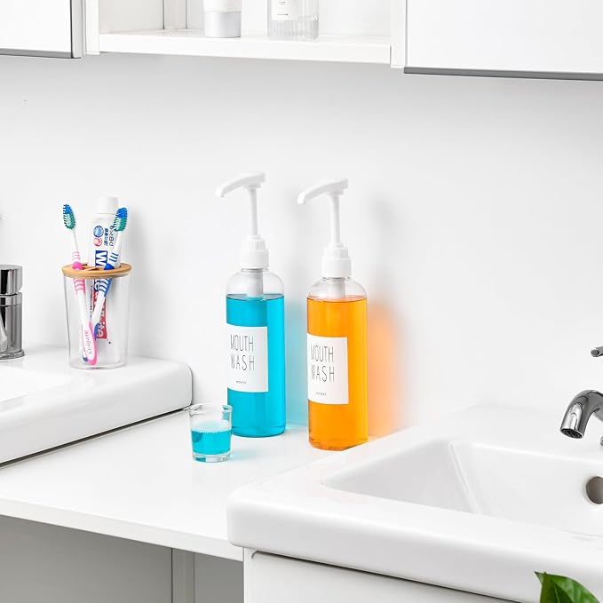 VITVITI Plastic Mouthwash Dispenser for Bathroom, 17 OZ Pump Mouth Wash Container Bottle with Cup, Clear Refillable Mouthwash Dispenser with Labels, Set of 2