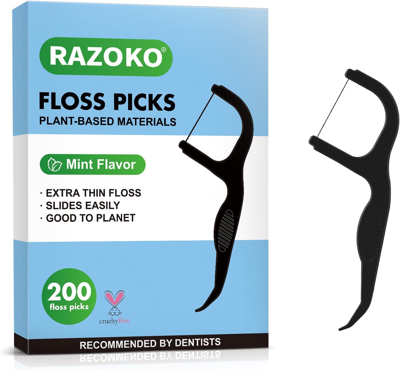 RAZOKO Biodegradable Dental Floss Picks, Charcoal Toothpick Stick Soft On Gum & Teeth, Plant Based Dental Floss Picks for Adults & Kids 200 Count