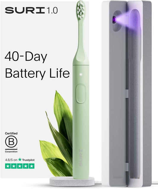 SURI 1.0 Sonic Electric Toothbrush with UV Cleaning Travel Case | 1 Month+ Battery | Designed in California | Electric Toothbrush for Adults | Travel Toothbrushes | Tooth Brush | Green