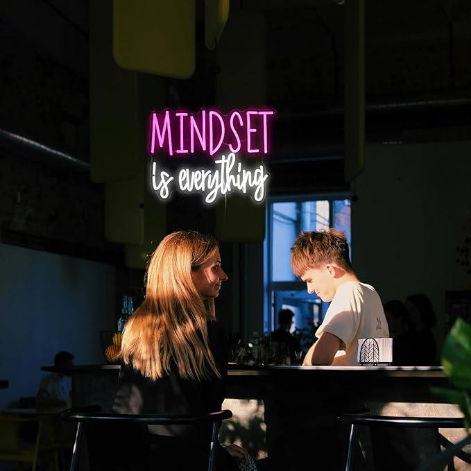 Mindset is Everything Neon Sign Dimmable Inspirational LED Light Up Sign for Wall Decor USB Powered Positive Quotes Motivational Neon Light for Office School Home Led Decor (Pink White)