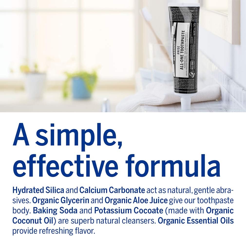 Dr. Bronner’s - All-One Toothpaste (Anise, 5 Ounce, 3-Pack) - 70% Organic Ingredients, Natural and Effective, Fluoride-Free, SLS-Free, Helps Freshen Breath, Reduce Plaque, Whiten Teeth, Vegan