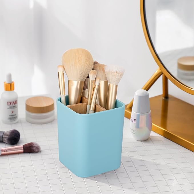 Bamboo Toothbrush Holder for Bathrooms, 3 Slots Toothbrush and Toothpaste Holder Bathroom Counter Organizer for Electric Toothbrushes, Floss, Razors - Blue