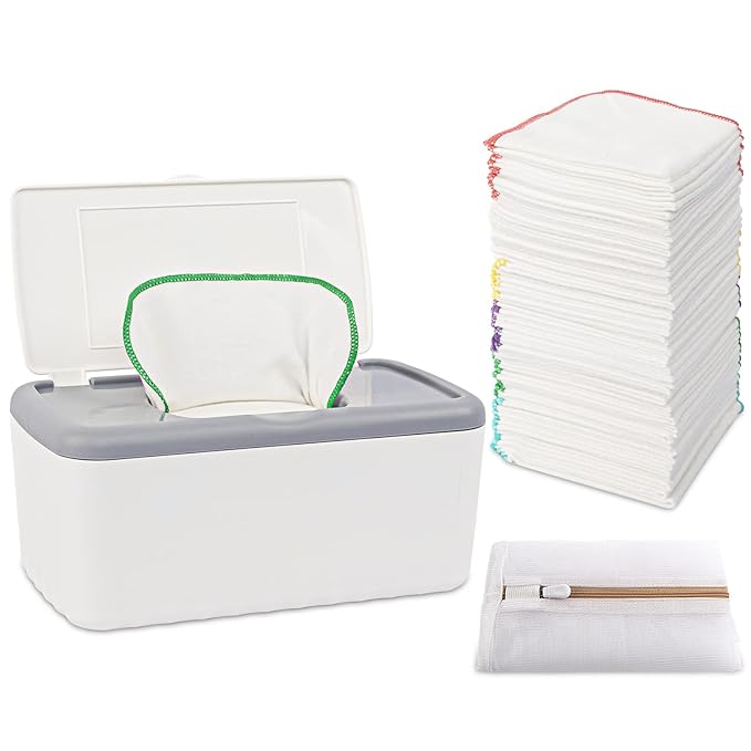 54 Packs Flannel Cloth Baby Wipes with Dispenser, Reusable Natural Skin-Friendly Baby Wipes, Body Face Hand Washcloth Essential for Cloth Diapers 8x8 inch