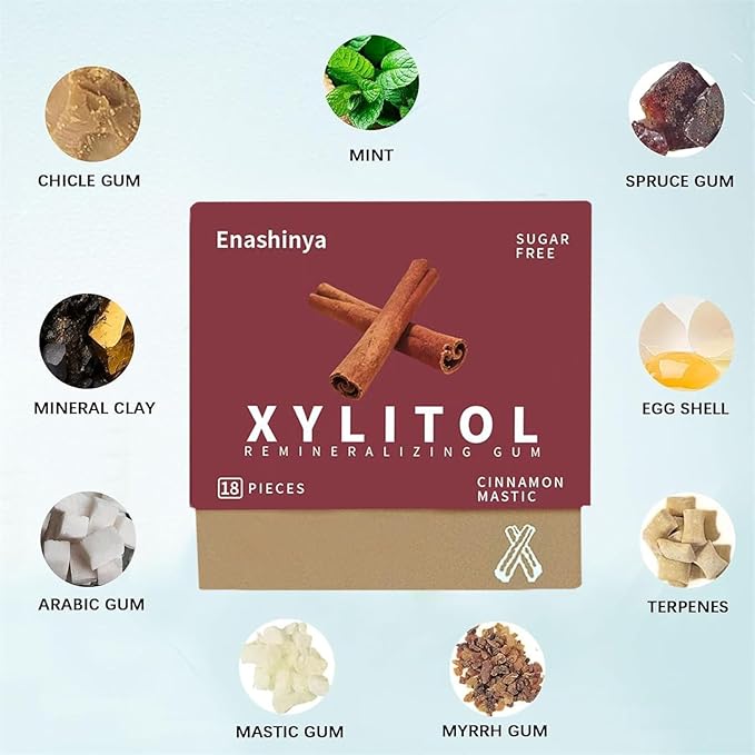 Enashinya Remineralizing Chewing Gum，Organic Mastic Cinnamon Flavor - Remineralizing Chewing Gum with Xylitol，Sugar-Free, Fresh Breath for Enamel Care Teeth & Oral Health （3 Boxes）