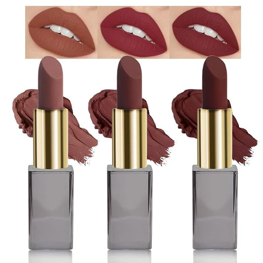3 Pcs Brown Purple Red Matte Cream Lipstick,Velvet Waterproof Long Lasting Smudge Proof for Women Lip Stick,Magic Lipstick 24 Hours Original Lip Liner Makeup,labiales mate 24 horas originales,Vegan