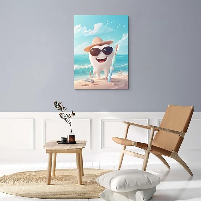 SchindlerBang Dental Clinic Wall Decor,Adorable Tooth Character Summer Art,Bright Decor for Offices,Kids' Spaces,or Clinics,Gift Idea,16x24inch Ready to Hang