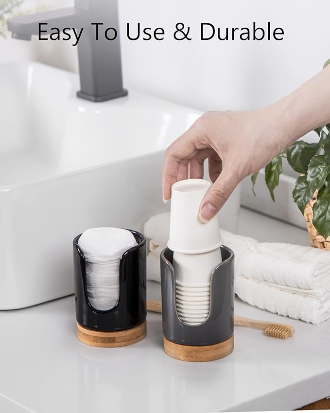 Ceramic Bathroom Cups Dispenser - 3 oz Disposable Paper & Plastic Cups Holder - Mouthwash Cups Dispenser for Countertop, Guest Toiletries - BPA Free, Kids Safe (Grey)