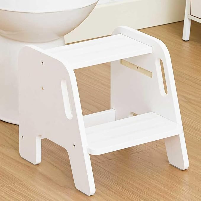WOOD CITY Toddler Step Stool, Wooden 2 Step Stools for Bathroom Sink Potty Training Kitchen Dual Height Stool Helper for Kids Bonus Non-Slip Pads and Handles for Safety (White)