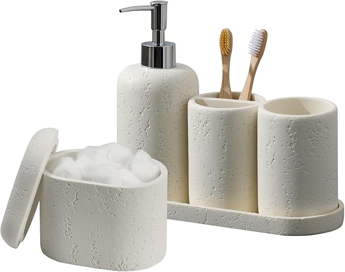 Bathroom Accessories Set, 5PCS Modern Bathroom Accessory Set with Soap Dispenser, Mouthwash Cup & Toothbrush Holder, Qtip Holder, Tray
