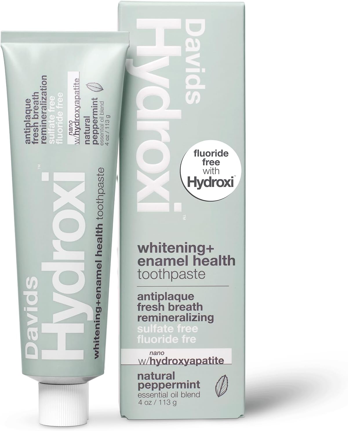 Davids Hydroxi Fluoride Free Nano Hydroxyapatite Whitening + Enamel Health Toothpaste, Antiplaque, Fresh Breath, Remineralizing, SLS Free, Natural Peppermint, 4 oz, Made in USA