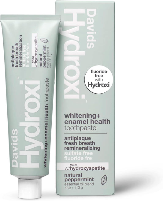 Davids Hydroxi Fluoride Free Nano Hydroxyapatite Whitening + Enamel Health Toothpaste, Antiplaque, Fresh Breath, Remineralizing, SLS Free, Natural Peppermint, 4 oz, Made in USA