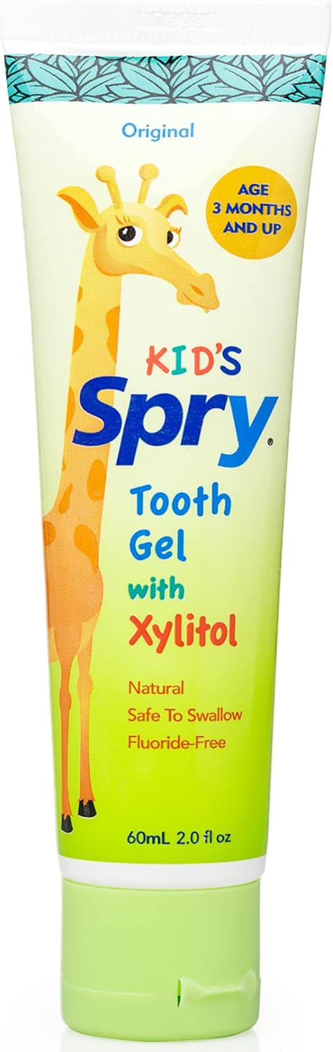 Spry Natural Xylitol Toothpaste for Baby, Toddler and Kids Age 3 Months and Up - Fluoride Free Tooth Gel, Tasty, Support Development of Emerging Teeth, Original 2 Fl Oz (Pack of 4)