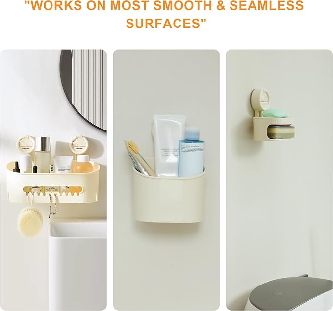 suntree Shower Caddy with Strong Suction Cups, No Drill Bathroom Shelf Organizer, Removable Soap Holder & Toothbrush Holder, Waterproof Storage with Drainage Design, Cream White