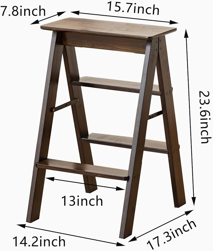 Latifolia Foldable 3 Step Ladder, Bamboo Step Stool with Floor Saver, Decorative Ladder Shelf for Living Room, Kitchen, Garden(Dark Walnut)
