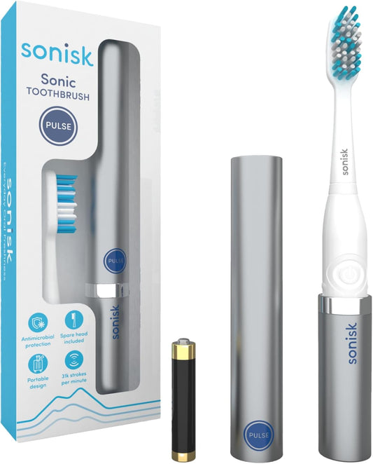 Sonisk Pulse | Battery Powered Electric Toothbrush | Sonic Technology | 1x Battery, 2X Brush Heads, 1x Travel Case Included | 31,000 Strokes Per Minute | Portable Size | Metallic Silver