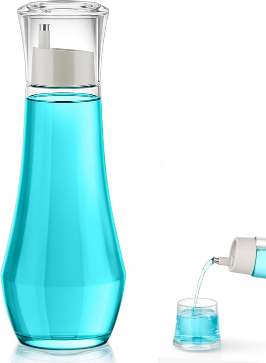 VITVITI Glass Mouthwash Dispenser for Bathroom, 8.8OZ Mouth Wash Container Bottle with Lid Cup, Small Clear Refillable Mouthwash Dispenser Decanter for Countertop