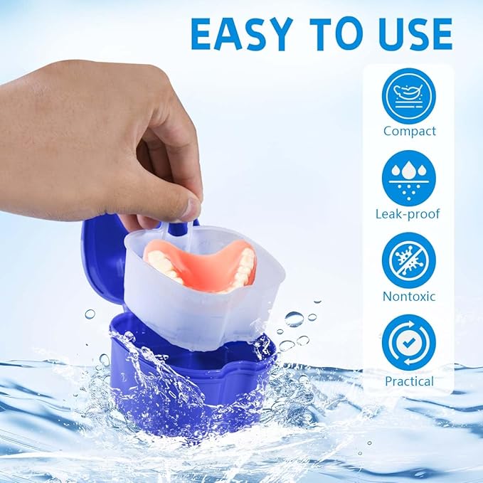 2 Pack Colors Denture Bath Case Cup Box Holder Storage Soak Container with Strainer Basket for Travel Cleaning (Light Blue and Blue)