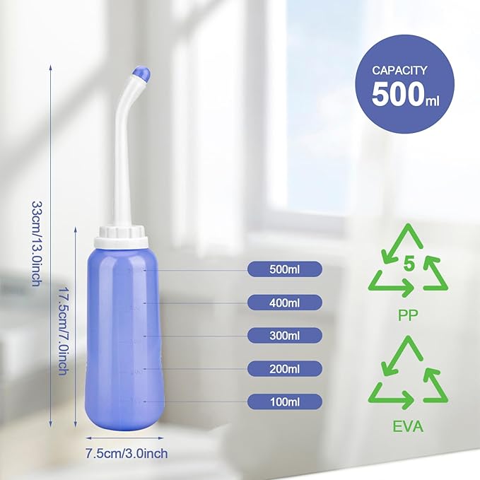 2 Pack Portable Bidet Sprayer Peri Bottle, Number-one Travel Bidet Bottle 500ml 17oz Personal Hygiene Care Toilet Bidet Shower with 2 Nozzles, Dust Cap and Storage Bag for PostPartum Care and Recovery