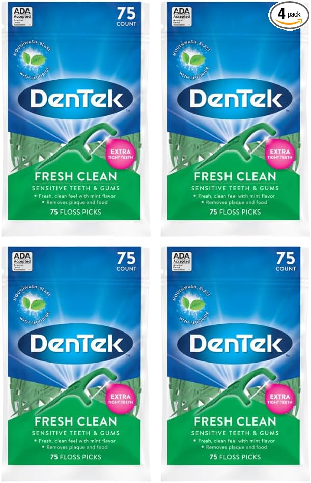 DenTek Fresh Clean Floss Picks, for Extra Tight Teeth, 75 Count, (Pack of 4)