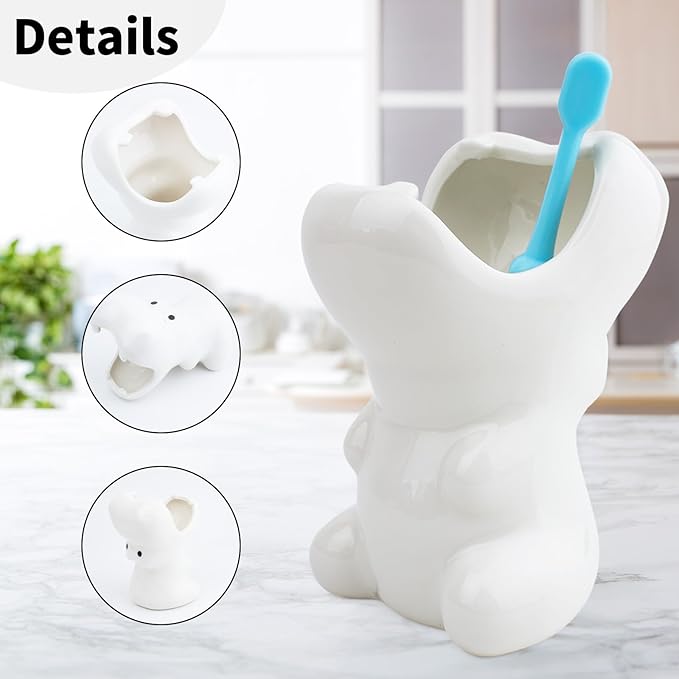 FlidRunest Kids Hippo Toothbrush Holder, Cute Hippo Pen Pencil Holder, White Ceramic Succulent Planter Pots for Home Office Decoration Desk Organization, Set of 1