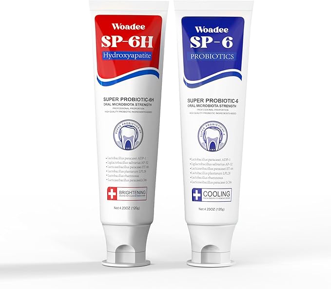 SP-6 Toothpaste Set, 6 Probiotics for Whitening & Cooling Fresh Breath, 7- Pro Intense Whitening, Fluoride-Free, Deep Brigthtening & Freshness (2 Tubes, Blue+Red)