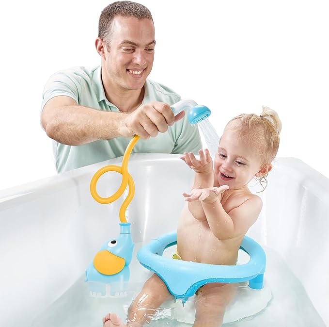 Yookidoo Baby Bath Shower Head - Elephant Water Pump with Trunk Spout Rinser - Control Water Flow from 2 Knobs for Maximum Fun in Tub or Sink for Newborn Babies (Blue and Orange)