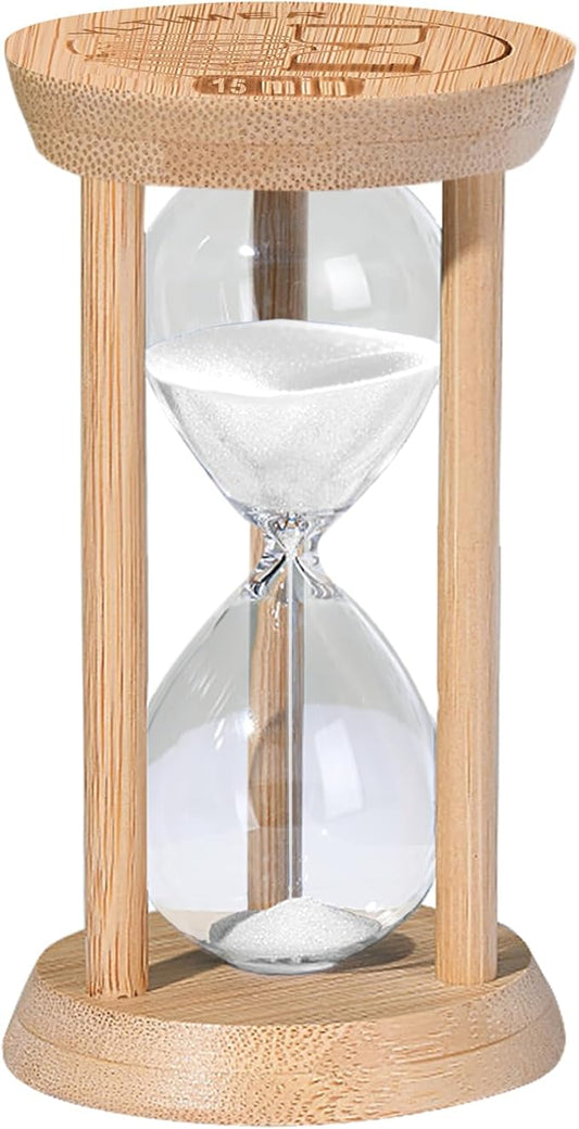 Wooden Sand Timers,15 Minute Stunning Glass Bamboo White Sand Hourglass for Productivity, Meditation & Decor, 15 Min Reloj De Arena for Kitchen, Office, Game, Classroom