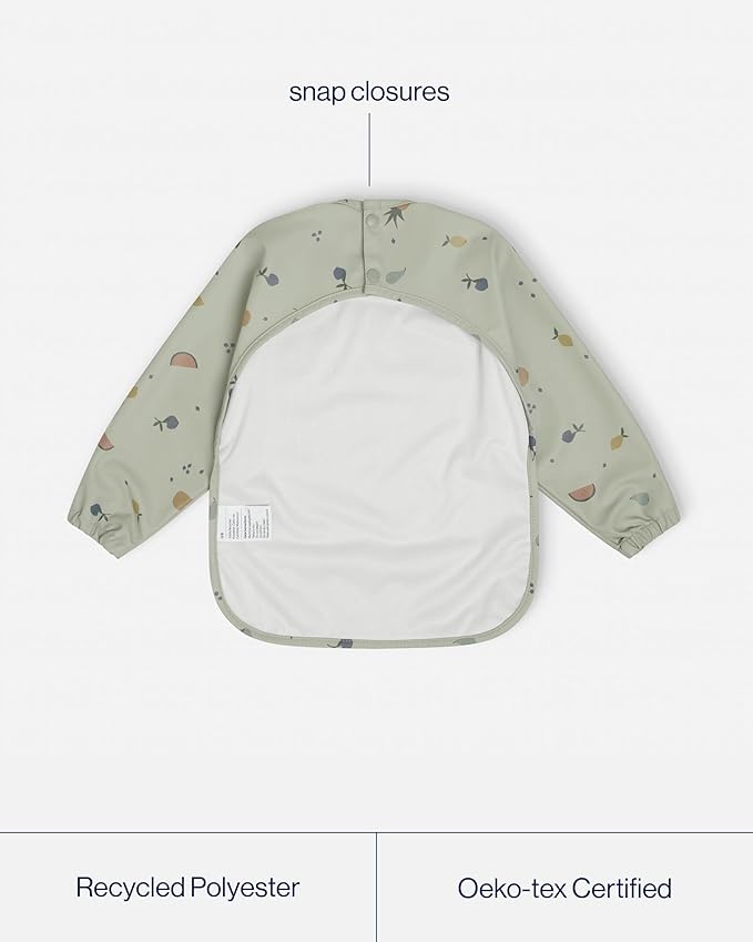 Lalo Smock Bib - Long Sleeve Bib for Infants and Toddlers - Elastic Cuffs, Large Catch-All Pocket, Waterproof Recycled Polyester - Easy to Clean for Mealtime and Art Time - Fruit Print Sage Infant