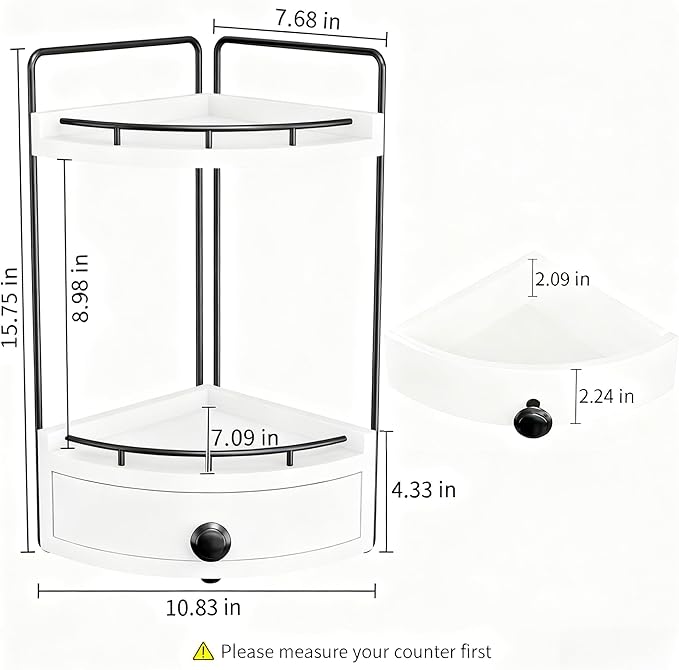 2-Tier Corner Bathroom Counter Organizer with Drawer & Embedded Screw Holes - Wooden Countertop Organizers for Skincare, Makeup Storage, Bathroom Sink Counter Shelf for Vanity, White