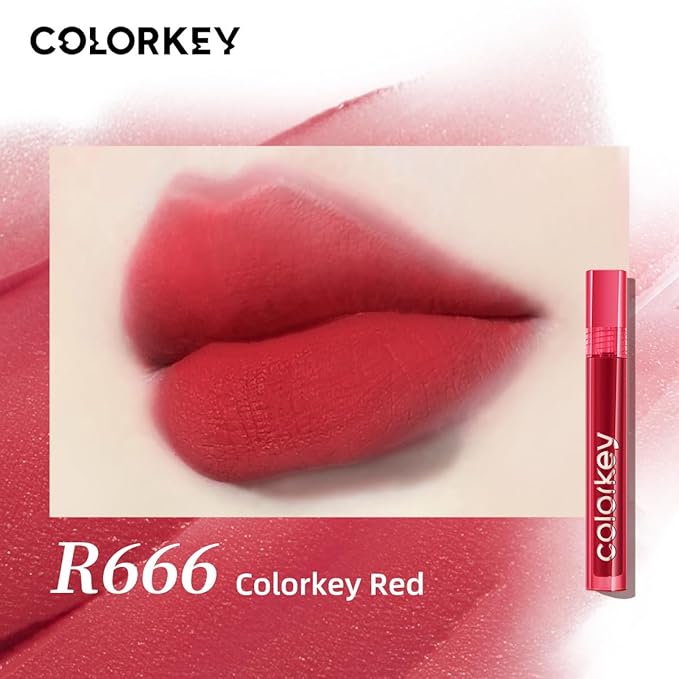 COLORKEY Airy Velvet Lip Tint, Matte Finishs, Longwear Rich Lip Colors, non-sticky, Creamy Soft Texture, Waterproof Lip Stain, Matte hydration, non-drying. Velvety finish (R666 Colorkey Red, 3g)