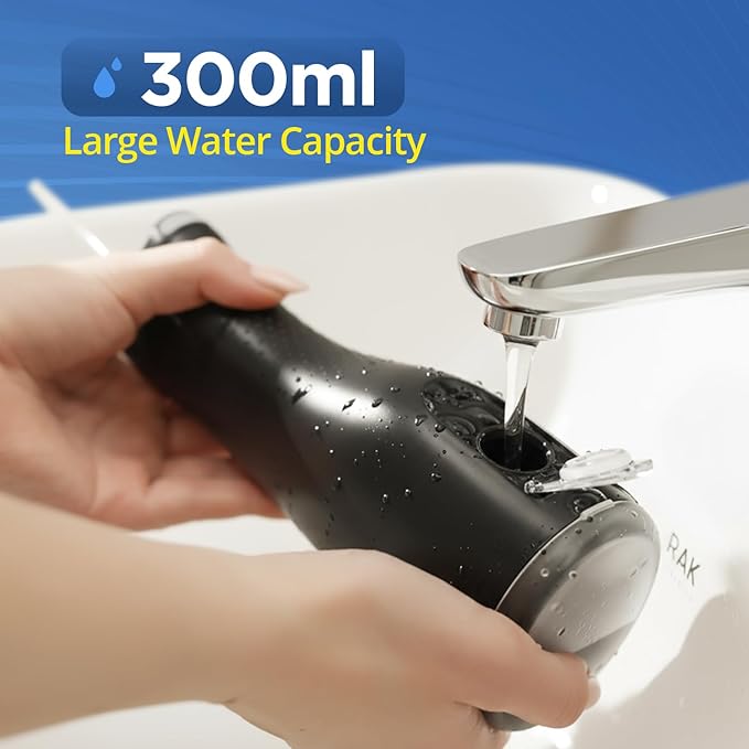 Brezz Water Dental Flosser Pick:Professional for Teeth Cleaning,4 Modes Cordless, Rechargeable IPX 7Waterproof,300ML Large Tank,Electric,Portable Home Travel,5Tips Flossing,Powerful Battery (Black)