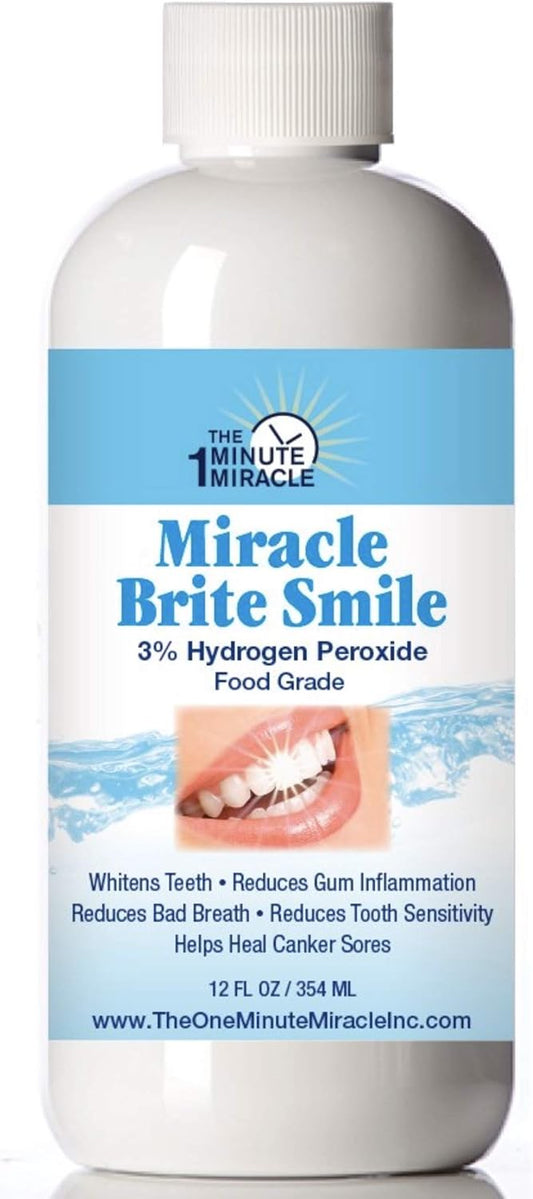 Miracle Brite Smile - Essential Oxygen Rinse Mouthwash for Whiter Teeth, Fresher Breath, and Healthier Gums, Peppermint 12 fl. oz. Our Brand is Reconmended by Dentists.