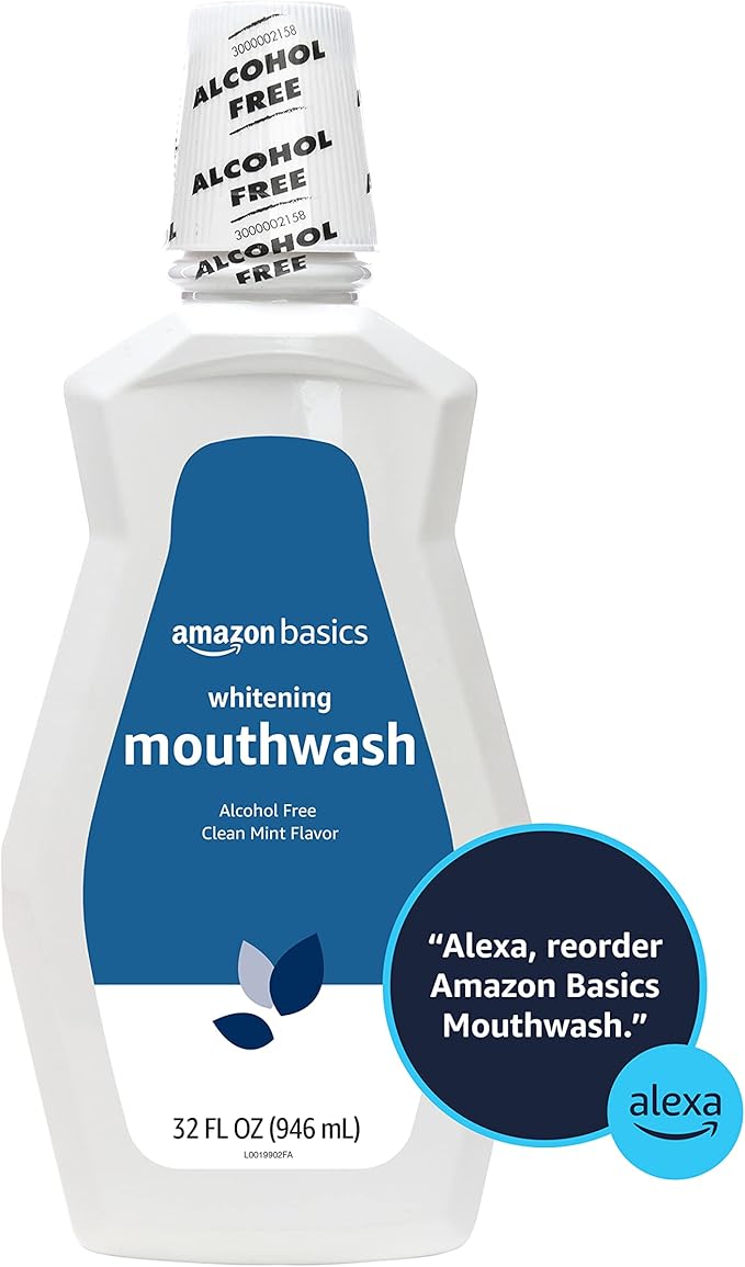 Amazon Basics Teeth Whitening Mouthwash, Alcohol-Free, Clean Mint, 32 Fluid Ounces, 4-Pack, Previously Solimo