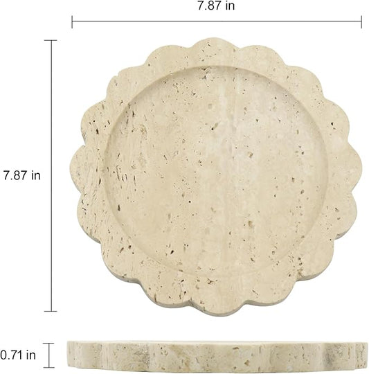 Round Marble Decorative Tray with Scalloped Edge, Luxury Natural Stone Bathroom Vanity Tray, Dresser Top Perfume Coffee Home Kitchen Sink Tray, Key Trinket Ring