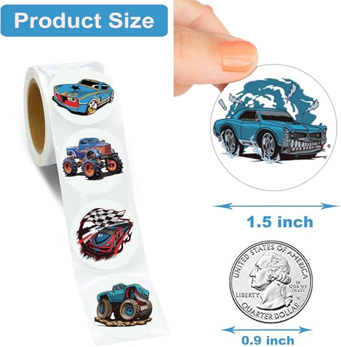 600Pcs Monster Truck and Race Car Stickers for Kids 1.5 Inch Car Stickers for Kids Boys Race Car Party Favors Birthday Decoration Supplies Reward Stickers