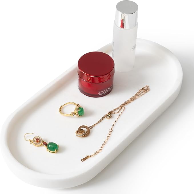 Elegant Ivory White Natural Marble Oval Tray 10x4.7 Inches for Bathroom Countertop, Vanity Jewelry & Perfume Organizer, Aesthetic Home Decor Accent