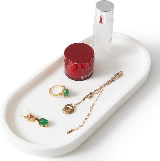 Elegant Ivory White Natural Marble Oval Tray 10x4.7 Inches for Bathroom Countertop, Vanity Jewelry & Perfume Organizer, Aesthetic Home Decor Accent