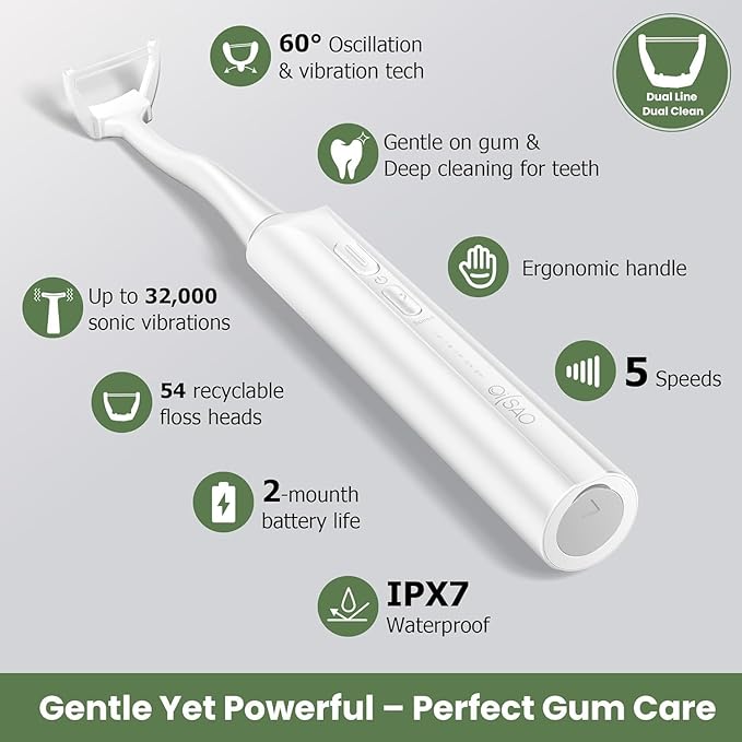 Electric Flosser for Teeth, Water Flosser Alternative with 5 Speeds + 54 Refill Heads, 5X Cleaning & 60 Day Battery Life, Oscillation Gliding for Sensitive Gum Care, Dentist Recommended -White
