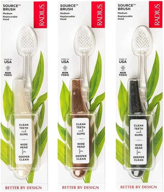 RADIUS Toothbrush Source Floss Brush BPA Free & ADA Accepted Improve Gum Health & Reduce Gum Issues - Medium - Cornstarch/Wood/Money - Pack of 3