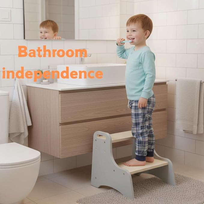 Toddler Step Stool, 2-Step Wooden Step Stool with Adjustable Hight, Sturdy 330lbs Capacity Kid Stool for Toddlers, Easy-Wipe Surface (Natural Grey)