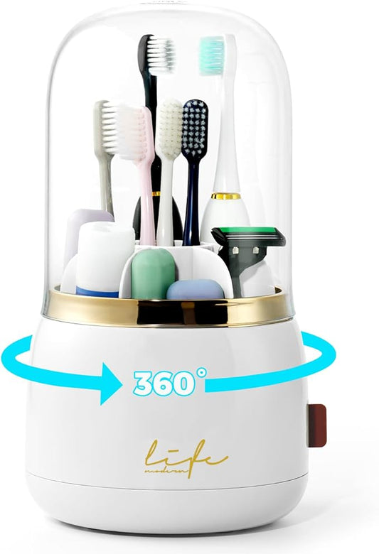 Toothbrush Holders for Bathrooms, Rotating 7 Slots Toothbrush Holder with Cover, Kids Electric Toothbrush and Toothpaste Holders for Caddy for Bathroom Vanity, Sink, Countertop, White